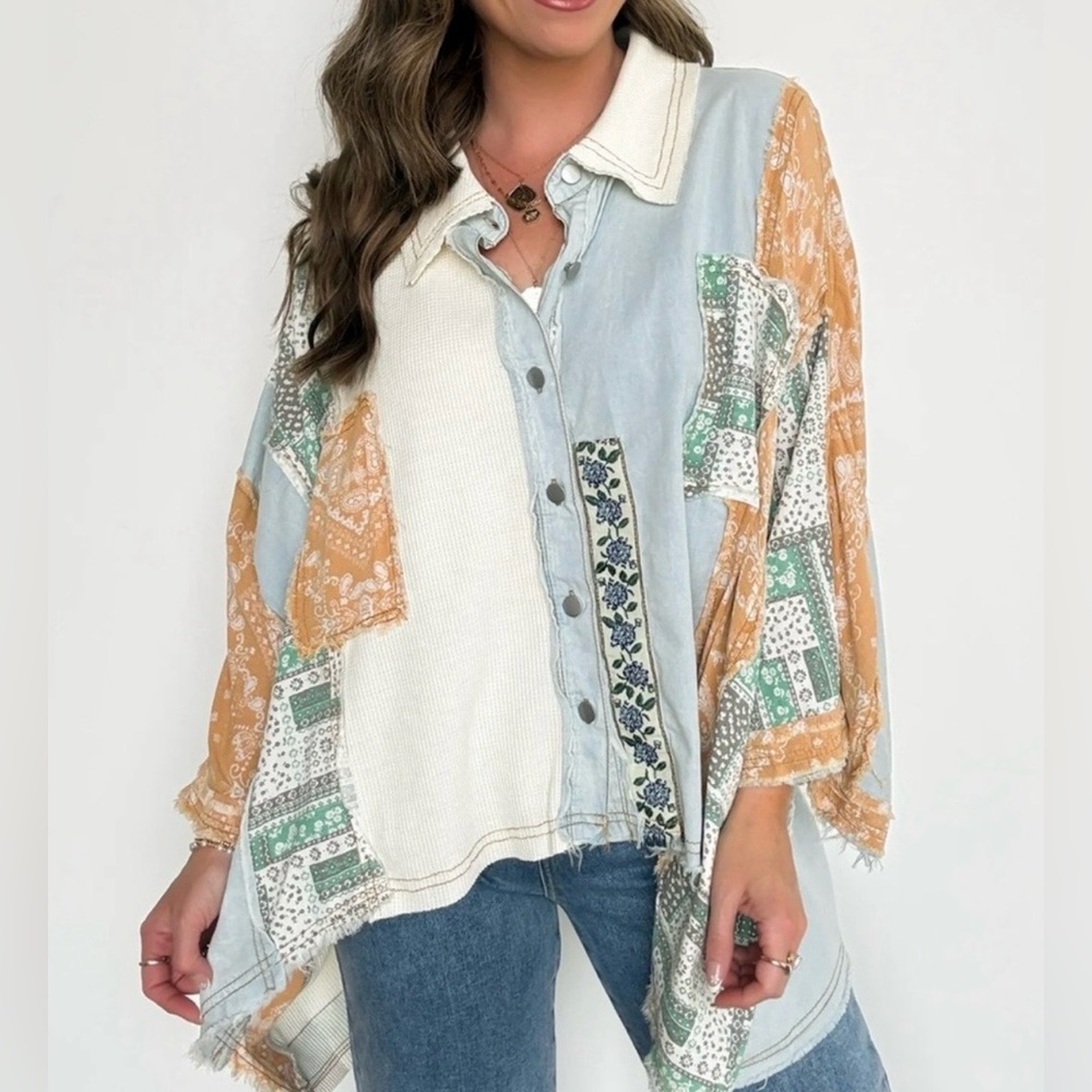 POL Mixed Material Button-Down Shirt - image 1